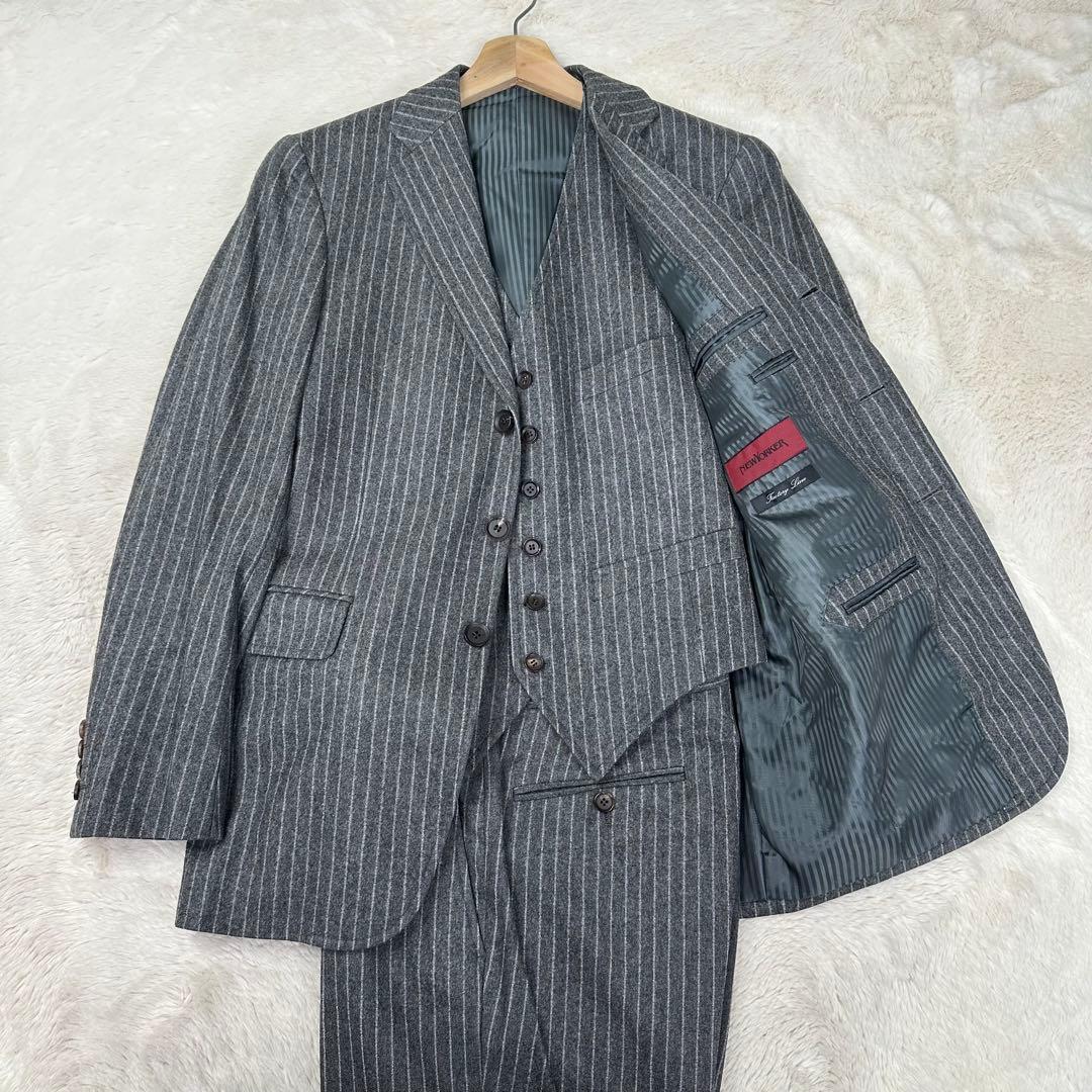美品✨ニューヨーカー 3ピース スーツ チョークストライプ グレー YA5 高級