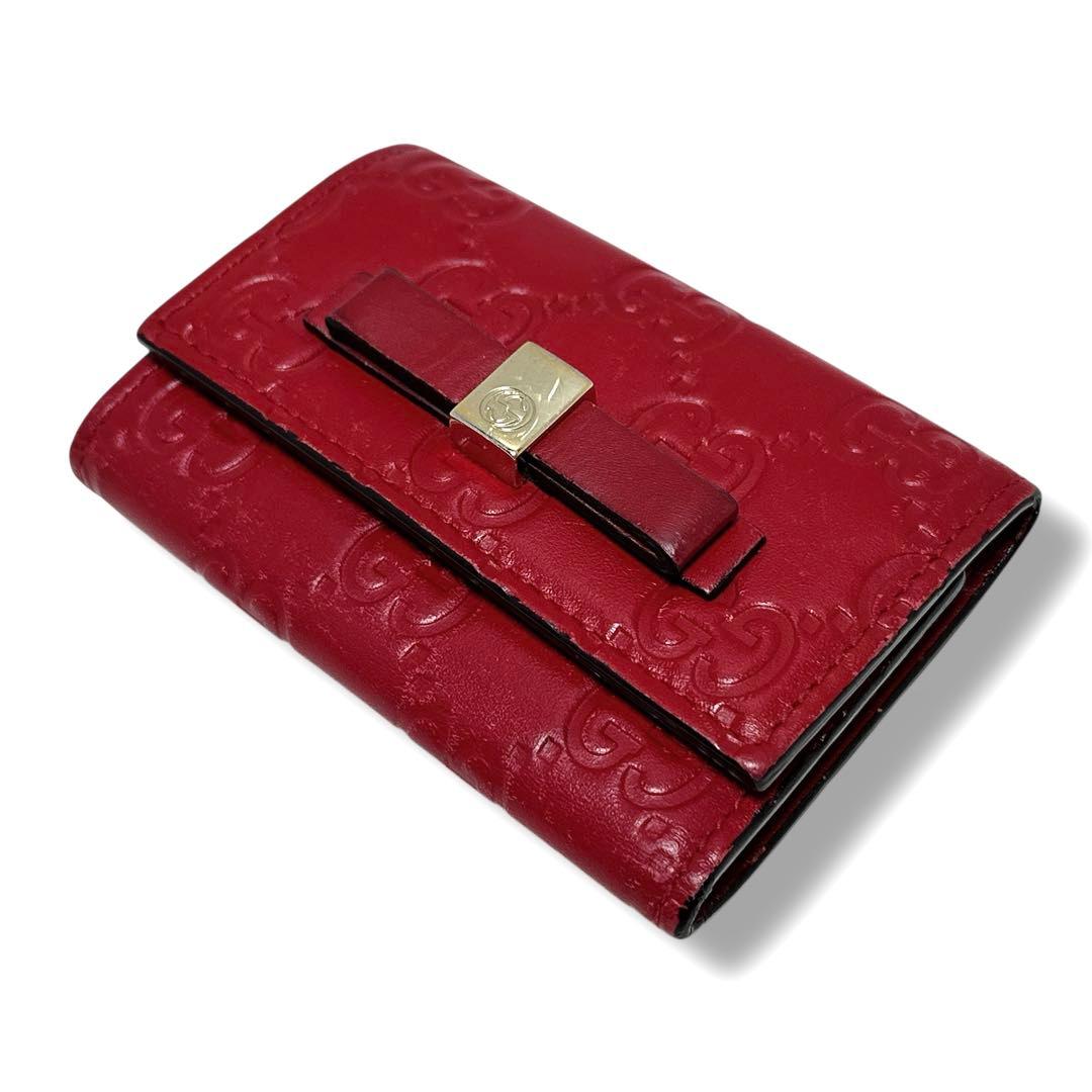 美品✨グッチ 6連 キーケース GG シマ レザー リボン レッド 赤