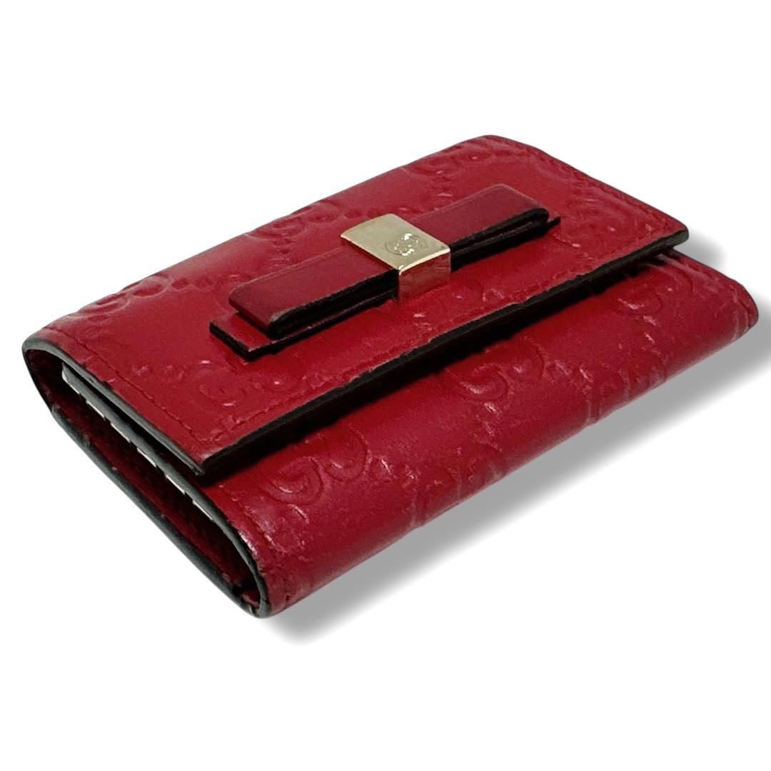 美品✨グッチ 6連 キーケース GG シマ レザー リボン レッド 赤