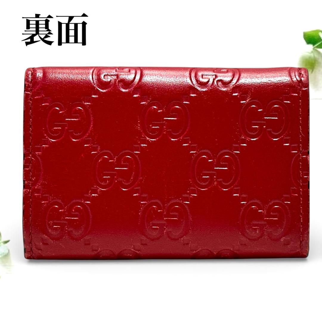 美品✨グッチ 6連 キーケース GG シマ レザー リボン レッド 赤