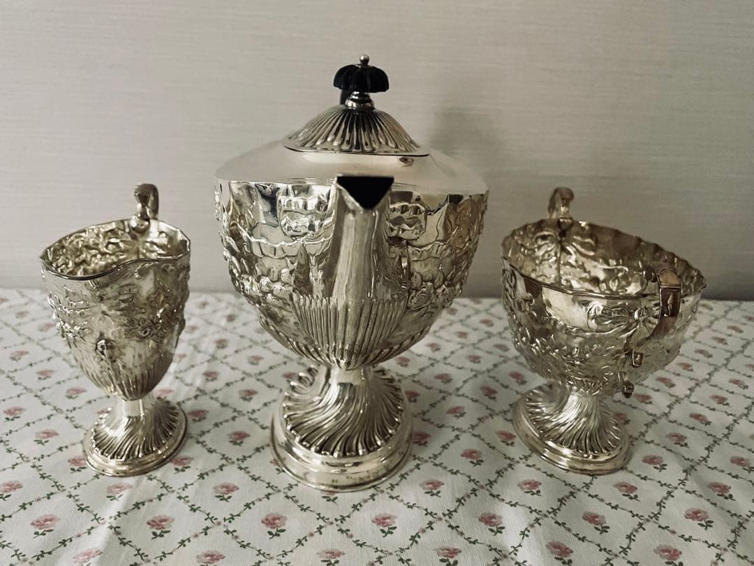 純銀シルバーティーセット　リボン薔薇ローズガーランド