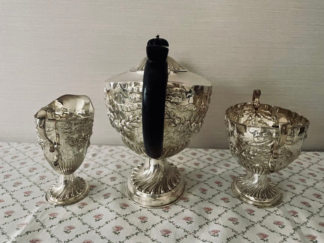 純銀シルバーティーセット　リボン薔薇ローズガーランド