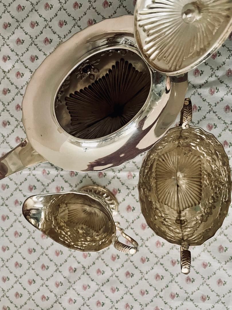 純銀シルバーティーセット　リボン薔薇ローズガーランド