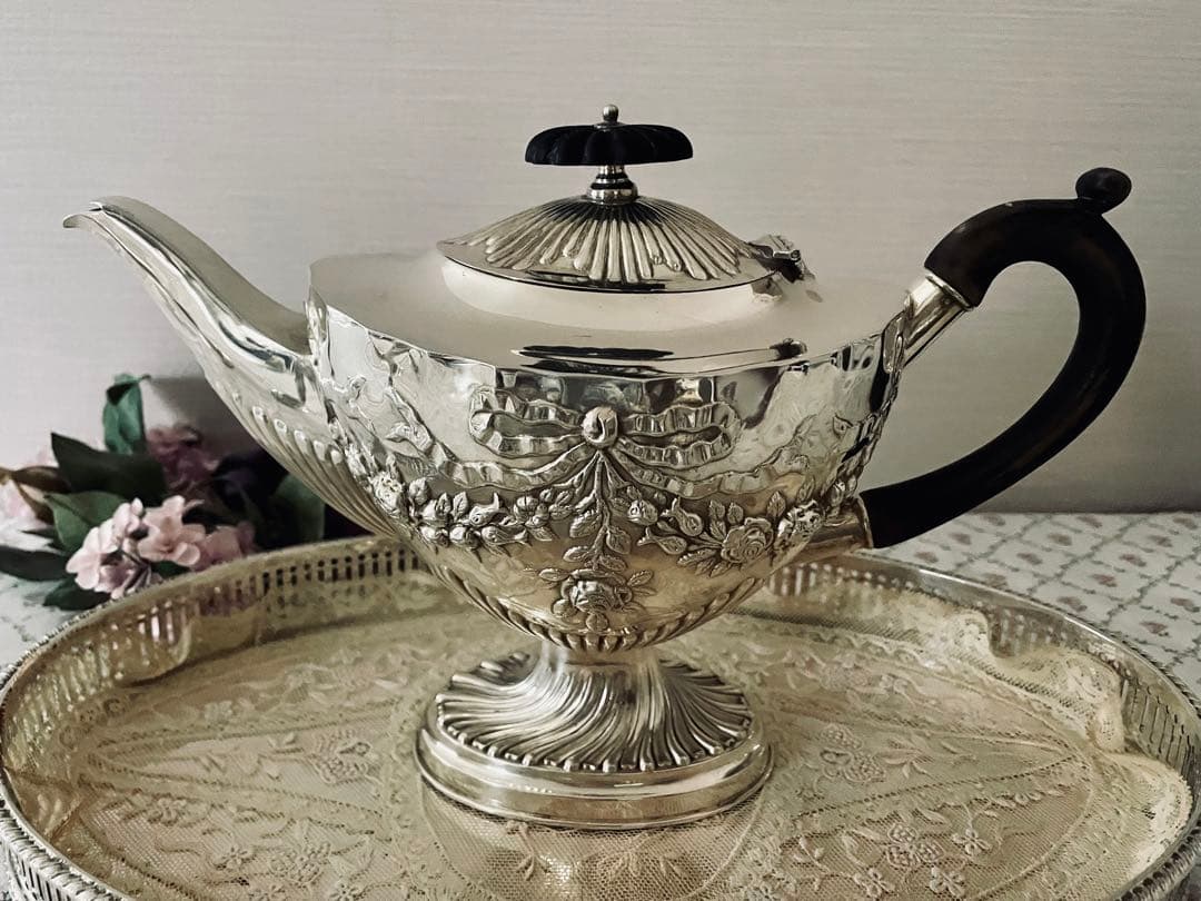 純銀シルバーティーセット　リボン薔薇ローズガーランド