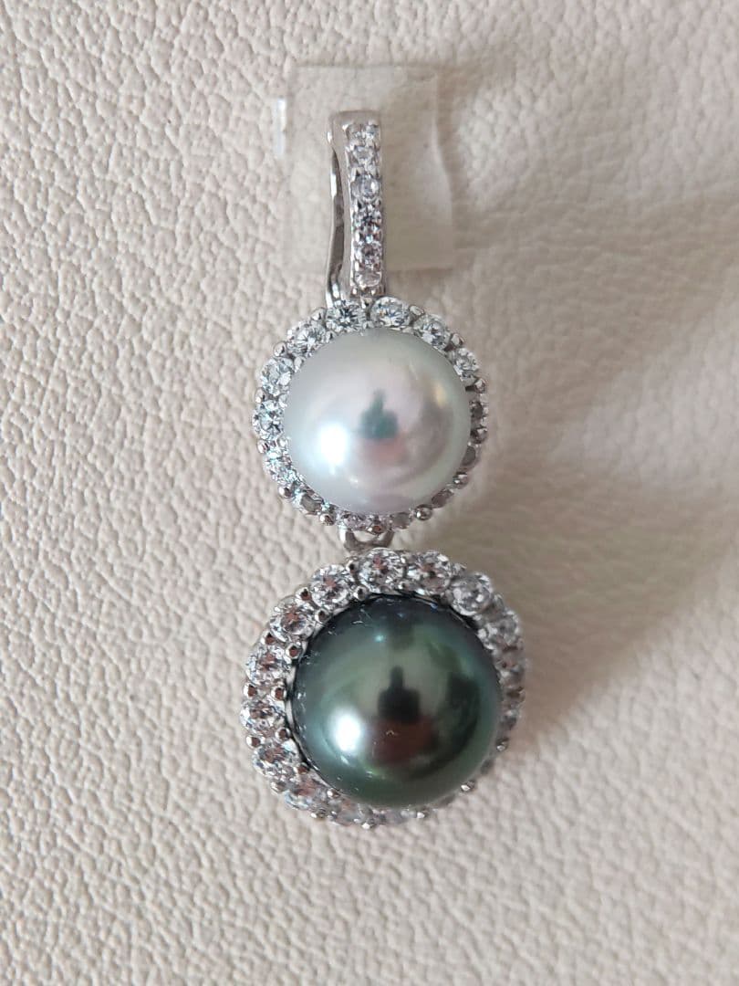 本真珠　南洋黒蝶真珠　タヒチパールダークグリーン　S925ダブルパールペンダント