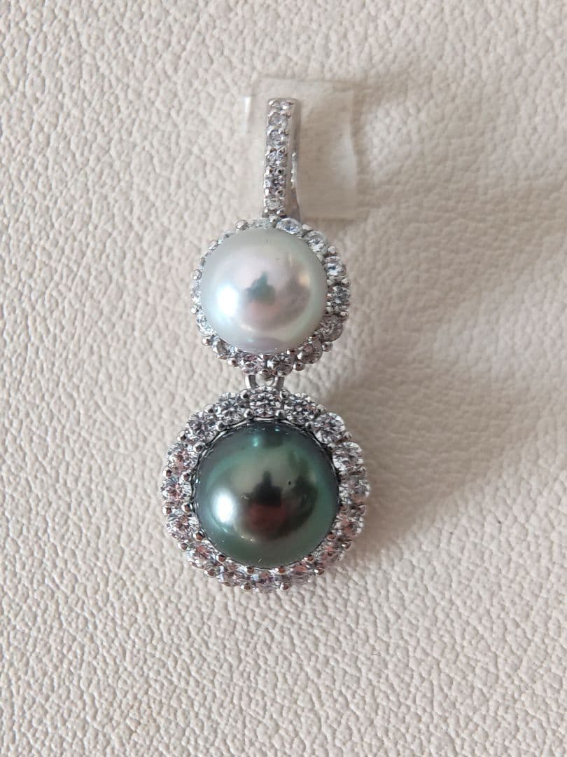 本真珠　南洋黒蝶真珠　タヒチパールダークグリーン　S925ダブルパールペンダント