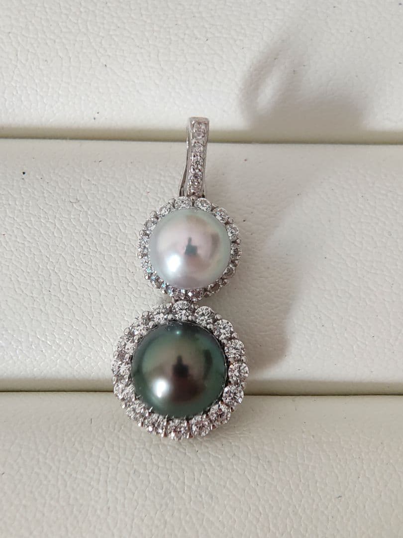 本真珠　南洋黒蝶真珠　タヒチパールダークグリーン　S925ダブルパールペンダント