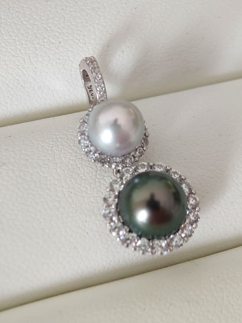 本真珠　南洋黒蝶真珠　タヒチパールダークグリーン　S925ダブルパールペンダント