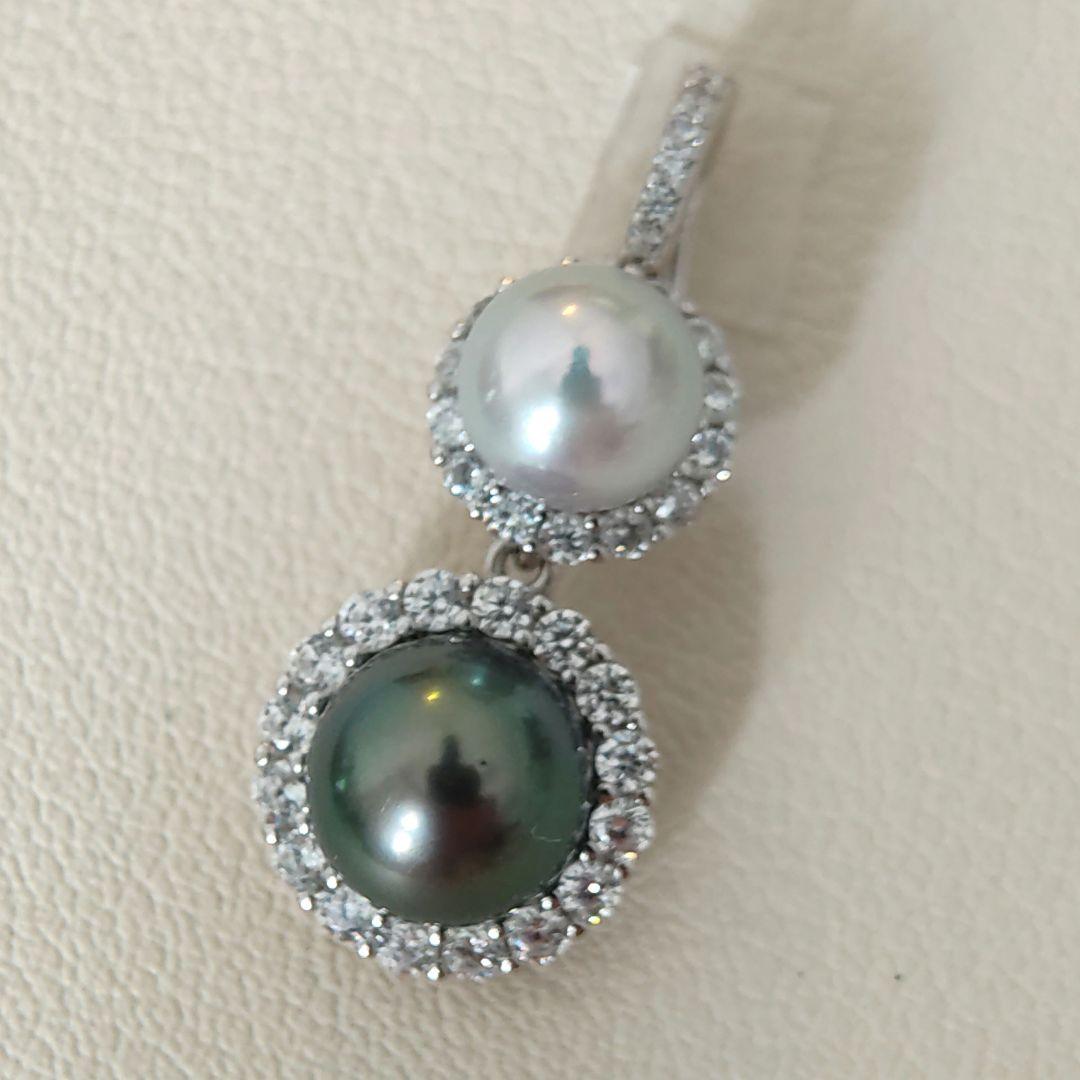 本真珠　南洋黒蝶真珠　タヒチパールダークグリーン　S925ダブルパールペンダント