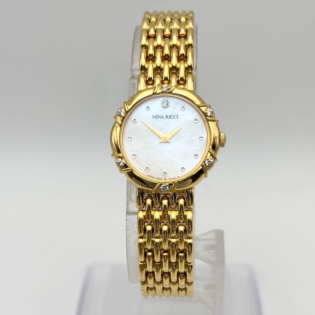 美品 新品電池 ニナリッチ ダイヤ シェル ゴールド レディース 腕時計 ドレス