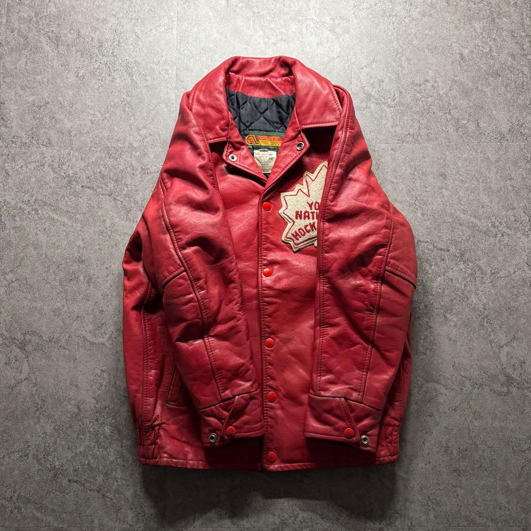 【80s vintage】スタジャン　S 本革　ロゴ　カナダ製　裏地キルティング