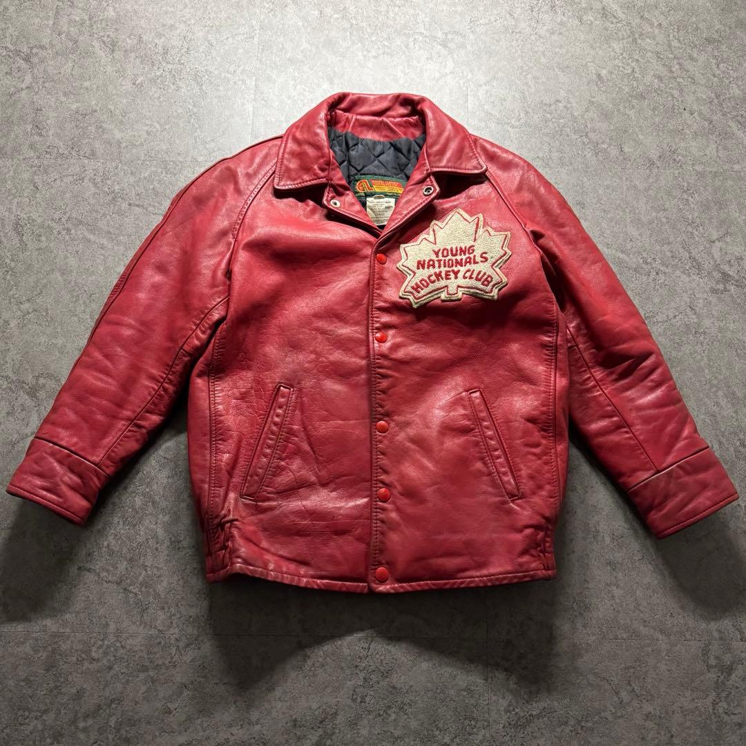 【80s vintage】スタジャン　S 本革　ロゴ　カナダ製　裏地キルティング