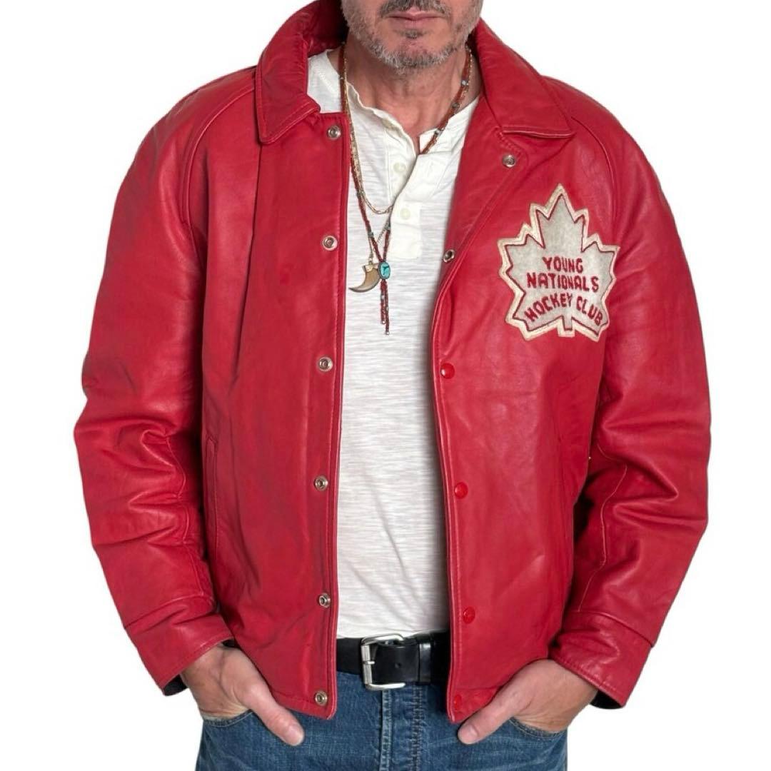 【80s vintage】スタジャン　S 本革　ロゴ　カナダ製　裏地キルティング