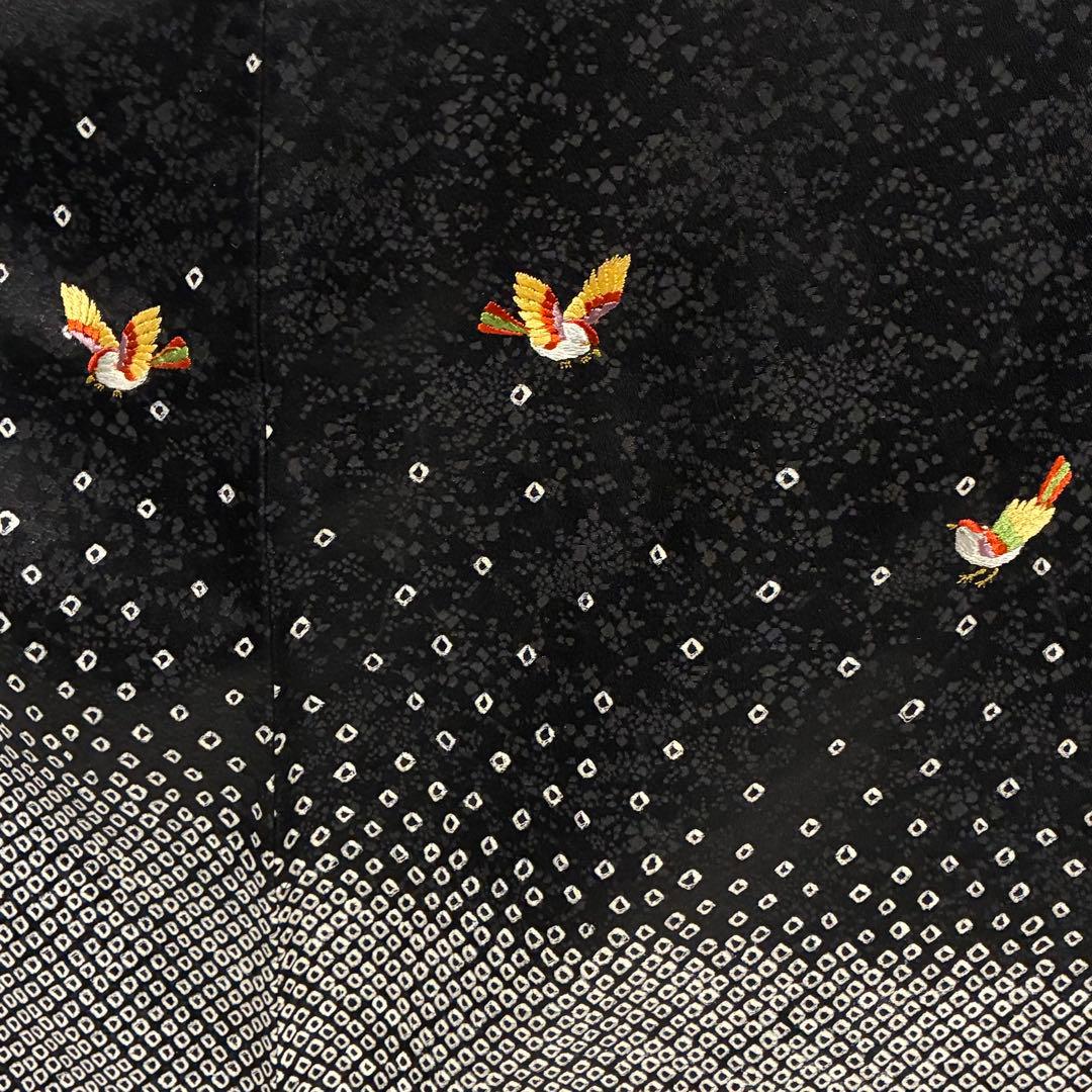 D143 訪問着　絞り　鳥刺繍　花紋　正絹　着物　袷　未使用極美品