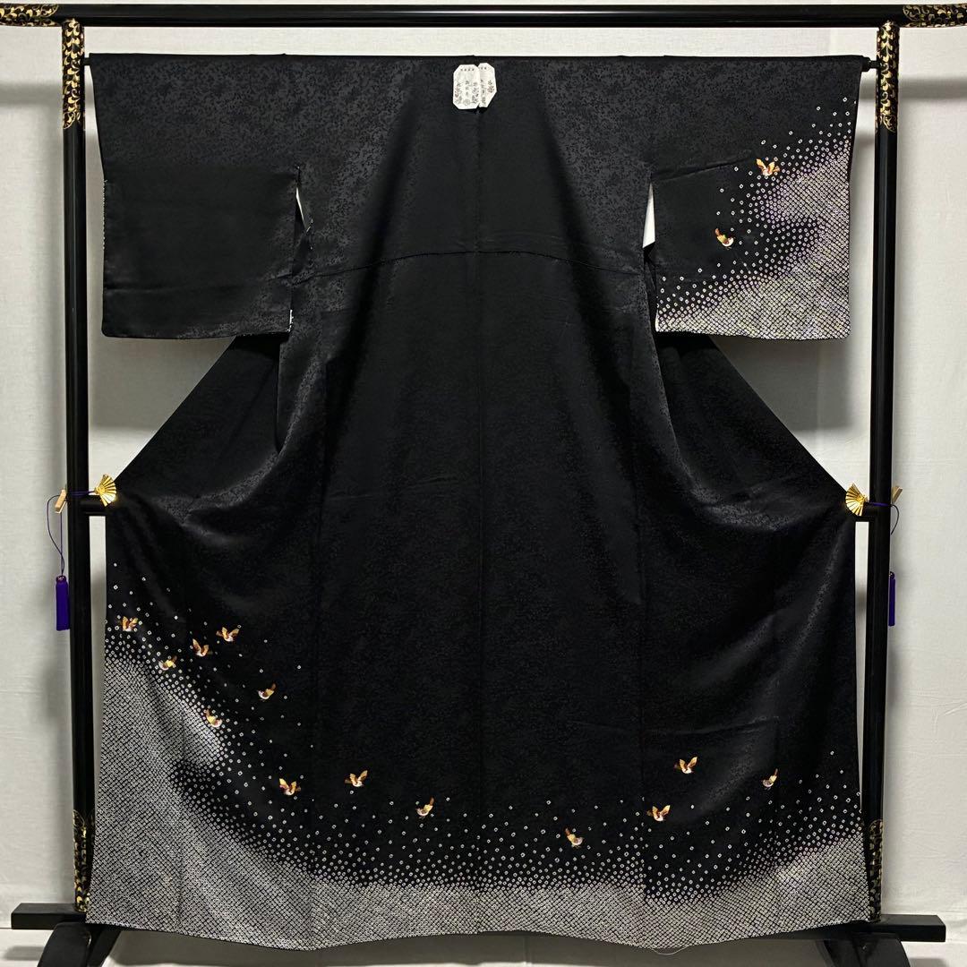 D143 訪問着　絞り　鳥刺繍　花紋　正絹　着物　袷　未使用極美品