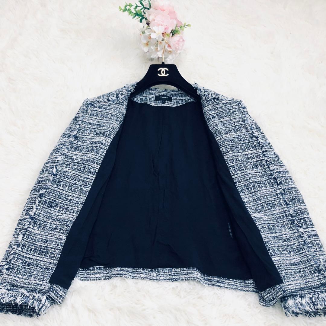 希少サイズ　セオリー　ツイード　ノーカラー　ジャケット　フリンジ　12 19号