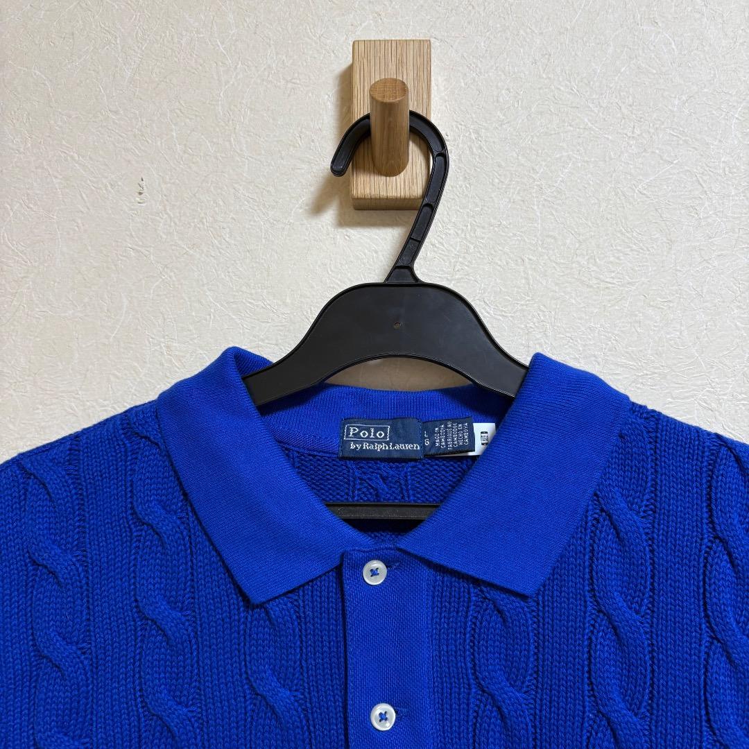 美品 ポロラルフローレン ケーブルニット ポロシャツ ブルー