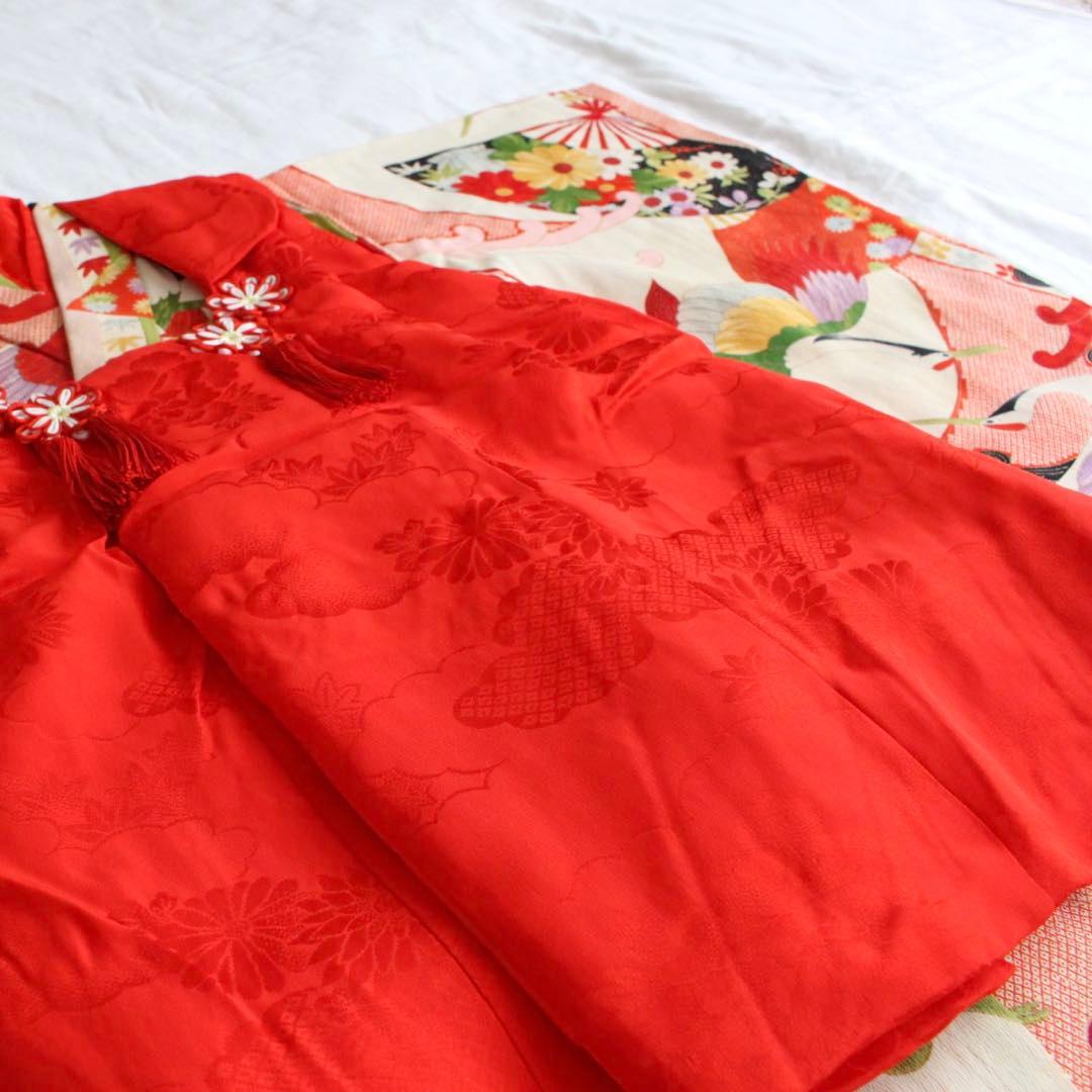 七五三 3歳 女の子 子供 アンティーク 鶴 着物 被布 セット