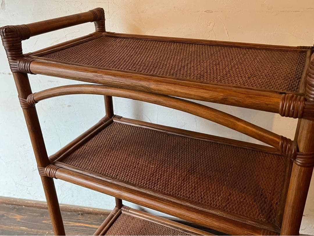 ラタン キッチンワゴン 藤 ワゴン 棚 インテリア 昭和レトロ 当時物 トレイ