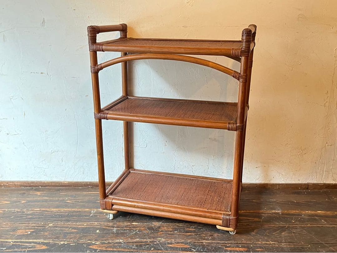 ラタン キッチンワゴン 藤 ワゴン 棚 インテリア 昭和レトロ 当時物 トレイ