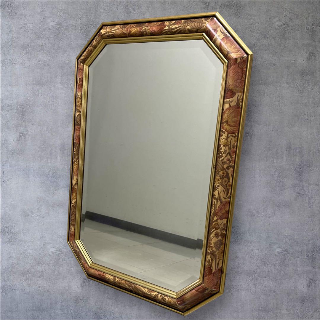 イタリア製　アンティーク　ウォール　ミラー　花柄装飾 八角形　壁掛け鏡