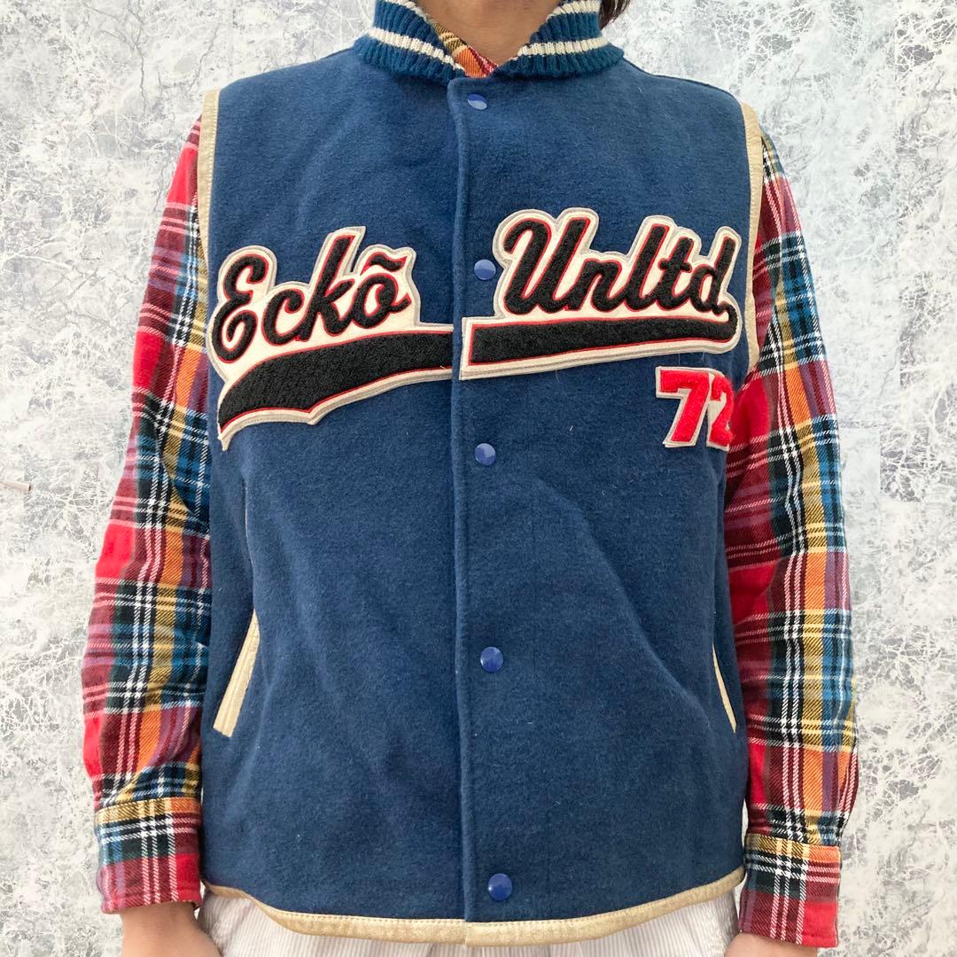 IJ297 激レアUS古着エコーアンリミテッド刺繍肉厚ウール中綿スタジャンベスト