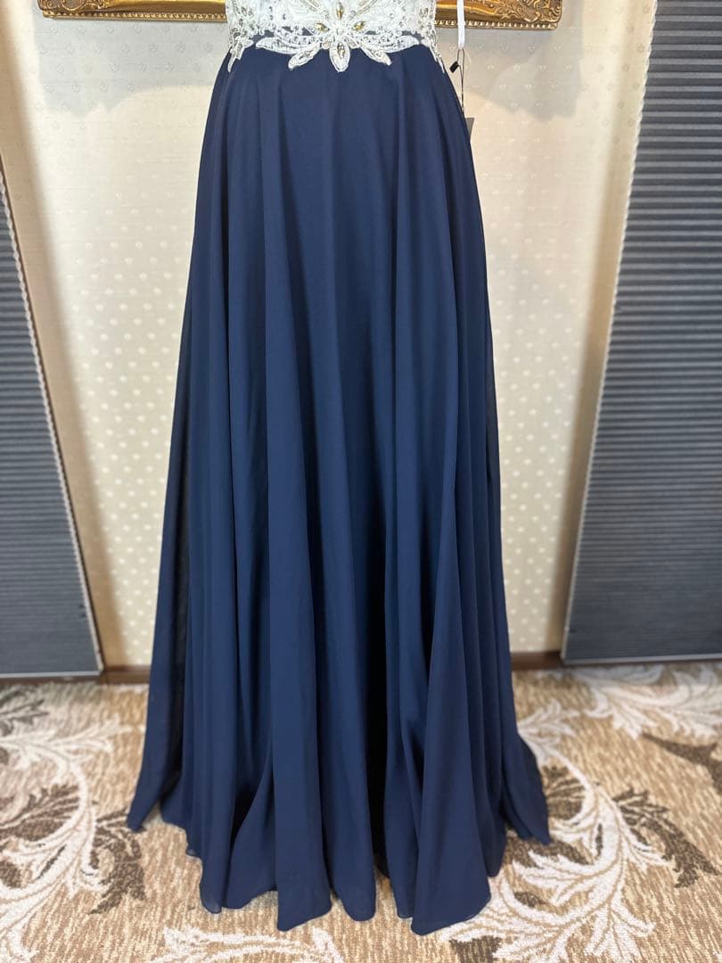 ネイビー ビーズ刺繍Aラインロングドレス