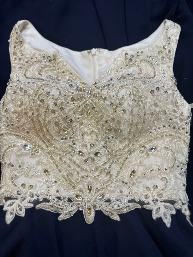 ネイビー ビーズ刺繍Aラインロングドレス