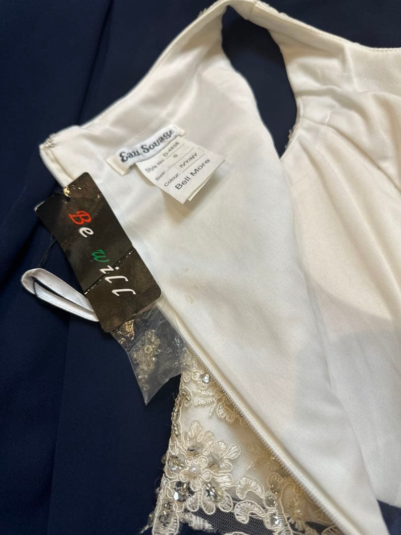 ネイビー ビーズ刺繍Aラインロングドレス