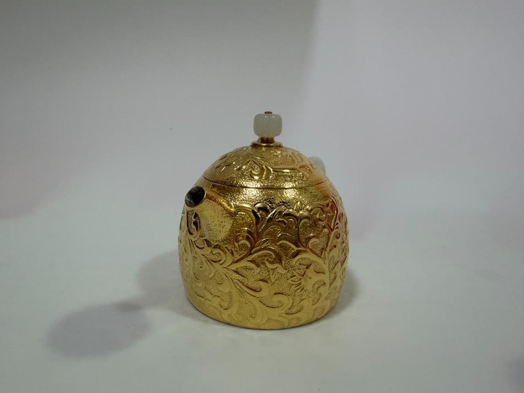 純銀製 花蔦文 金メッキ 玉石取っ手 急須 銀瓶 煎茶道具