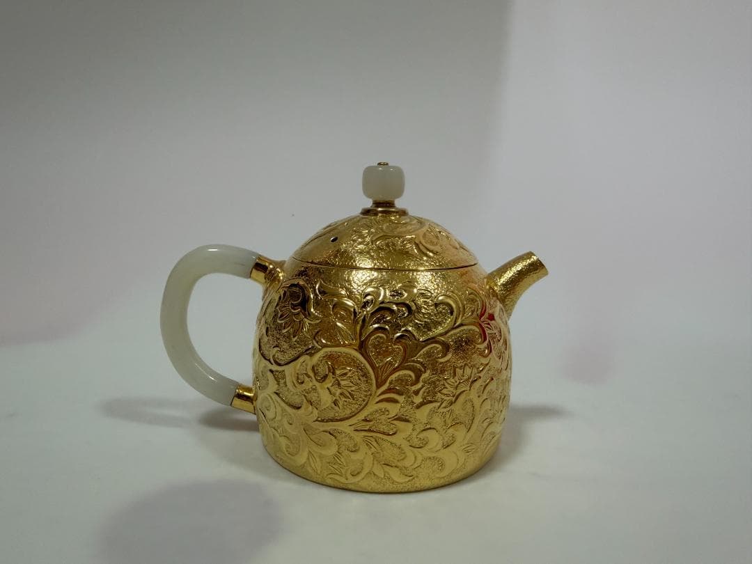 純銀製 花蔦文 金メッキ 玉石取っ手 急須 銀瓶 煎茶道具