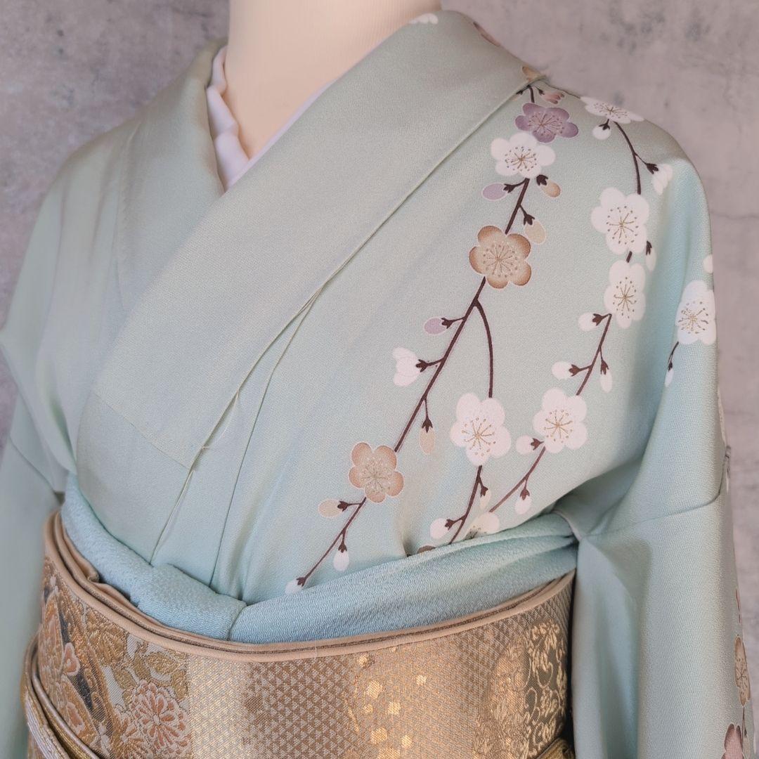訪問着　フルセット　着物　正絹　ミントグリーン桜梅紅葉　金　落款　祝い事　C1