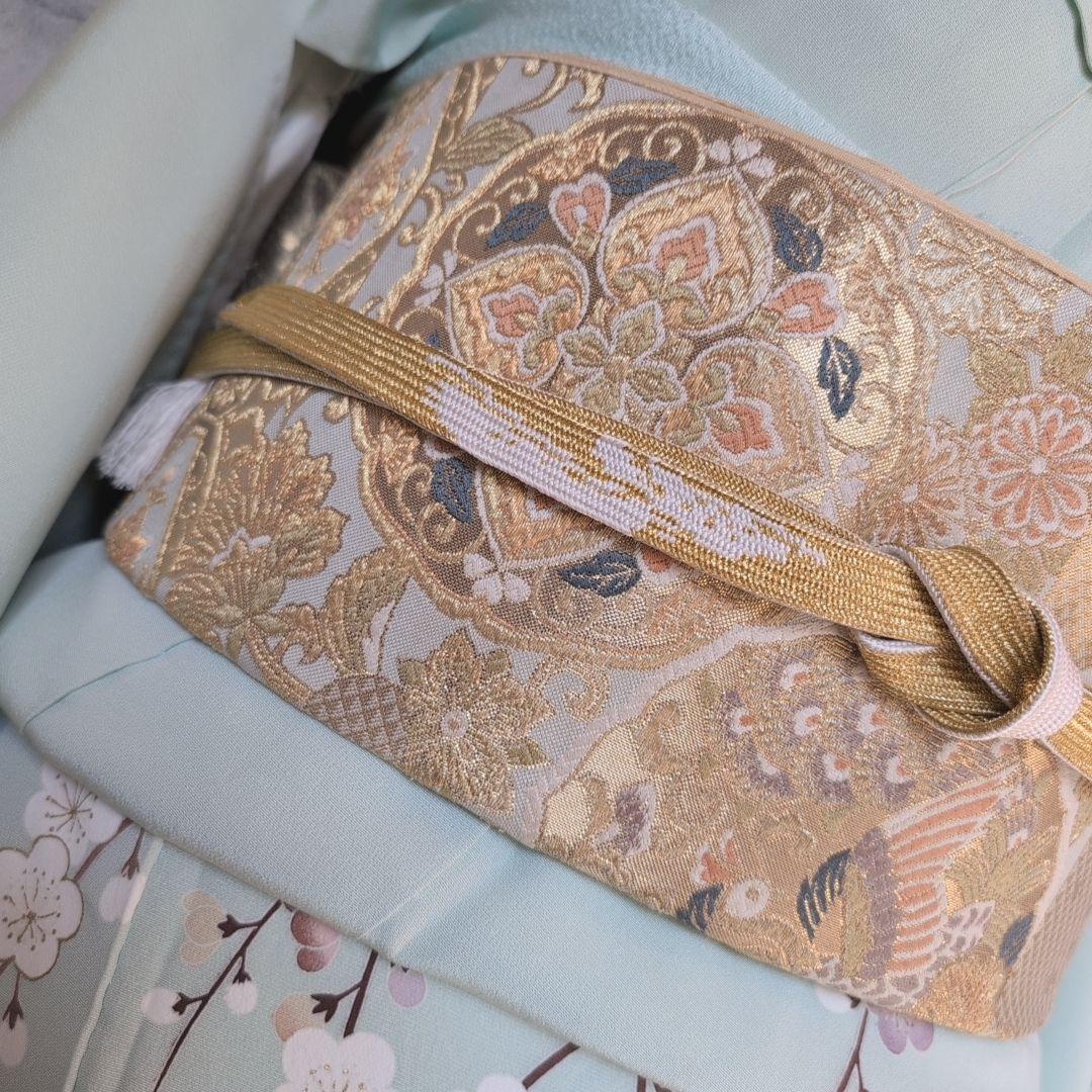 訪問着　フルセット　着物　正絹　ミントグリーン桜梅紅葉　金　落款　祝い事　C1