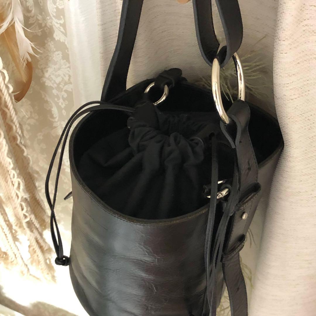 ANIECA黒レザー巾着型ショルダーバッグ