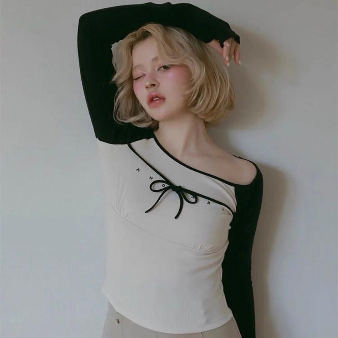 トップス andmary Alma ribbon tops black N9