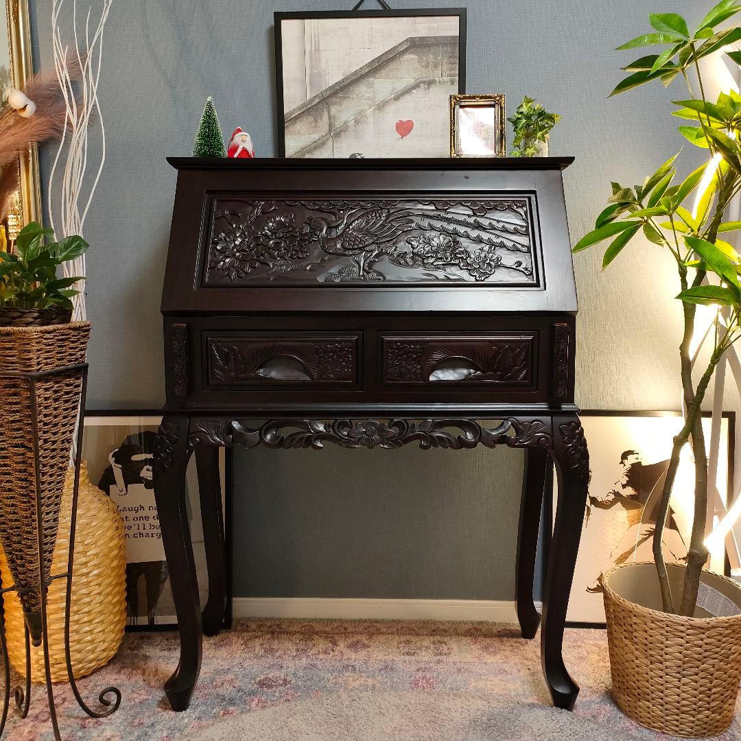 アンティーク調 猫脚ライティングビューロー 鳳凰×牡丹 彫り ダークブラウン