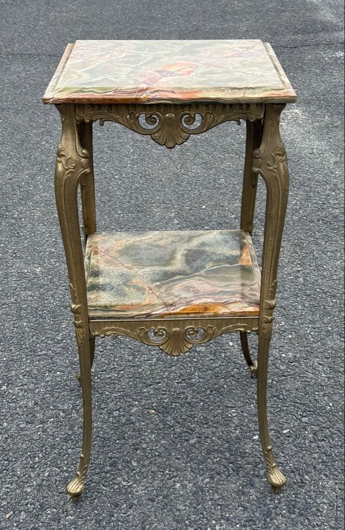 アンティーク 大理石 グリーンオニキス サイドテーブル 2段式