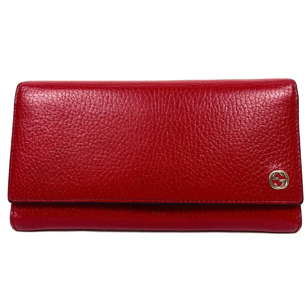 グッチ　長財布　インターロッキング　GGロゴ　フラップ　シボ革　レッド　未使用級