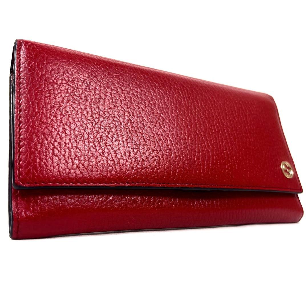 グッチ　長財布　インターロッキング　GGロゴ　フラップ　シボ革　レッド　未使用級