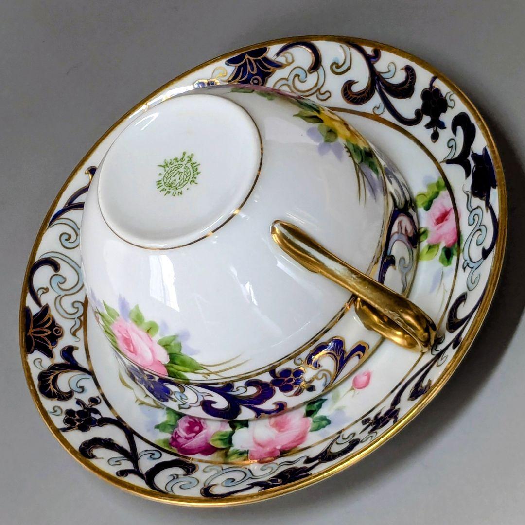 オールドノリタケ銘品!! 金彩藍帯薔薇図紋　キャビネットカップ＆ソーサー