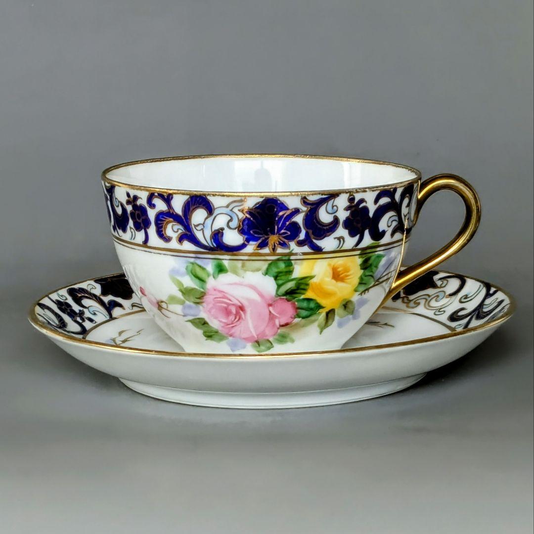 オールドノリタケ銘品!! 金彩藍帯薔薇図紋　キャビネットカップ＆ソーサー