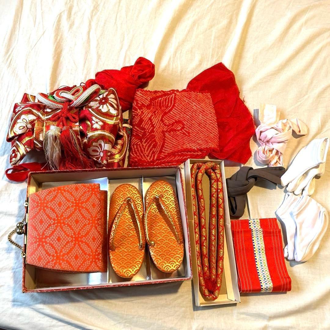 正絹着物　3歳七五三セット　飾り帯付き　髪飾りおまけ⭐︎