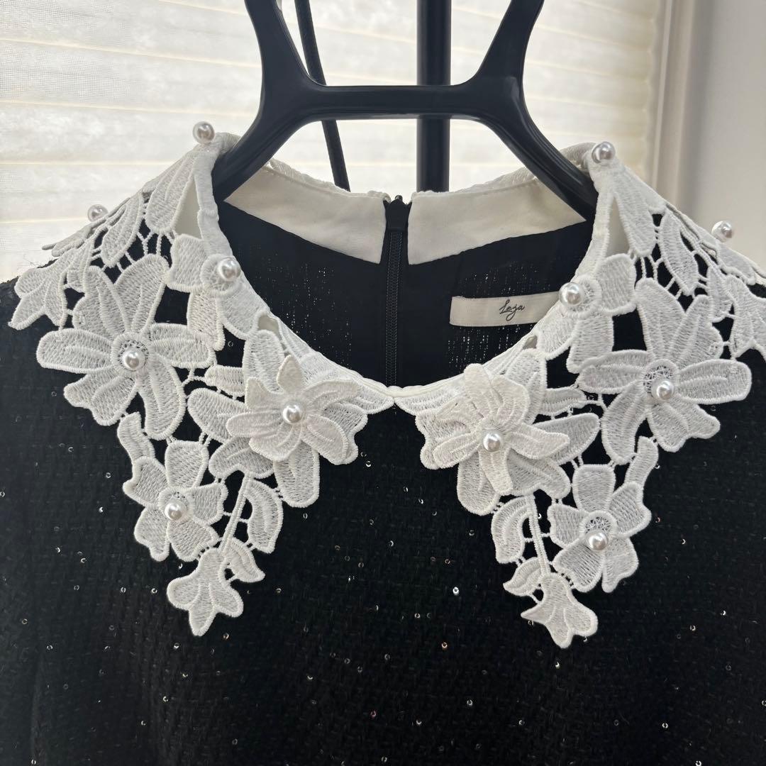 【LEJA】S 花柄スパンコールフレアドレスワンピース　ブラック