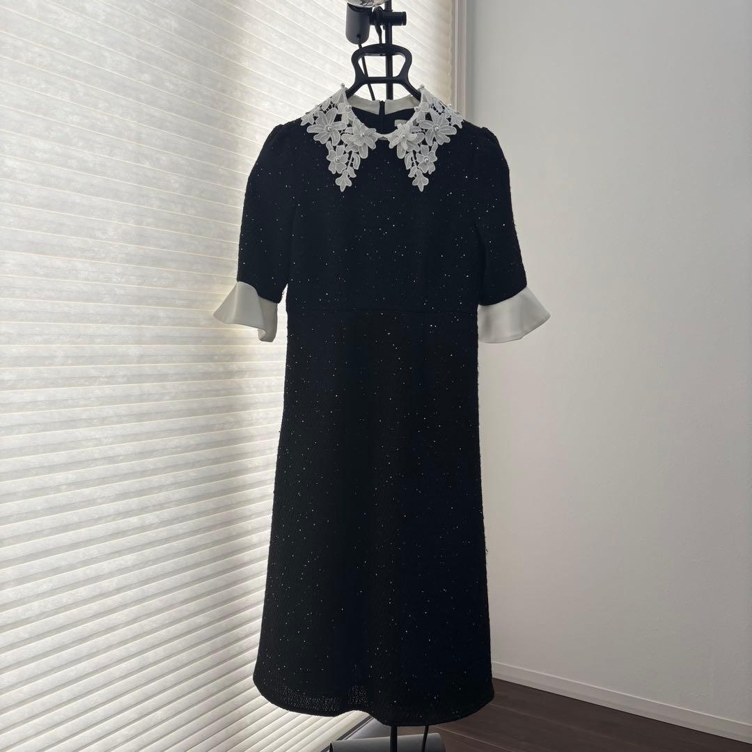 【LEJA】S 花柄スパンコールフレアドレスワンピース　ブラック