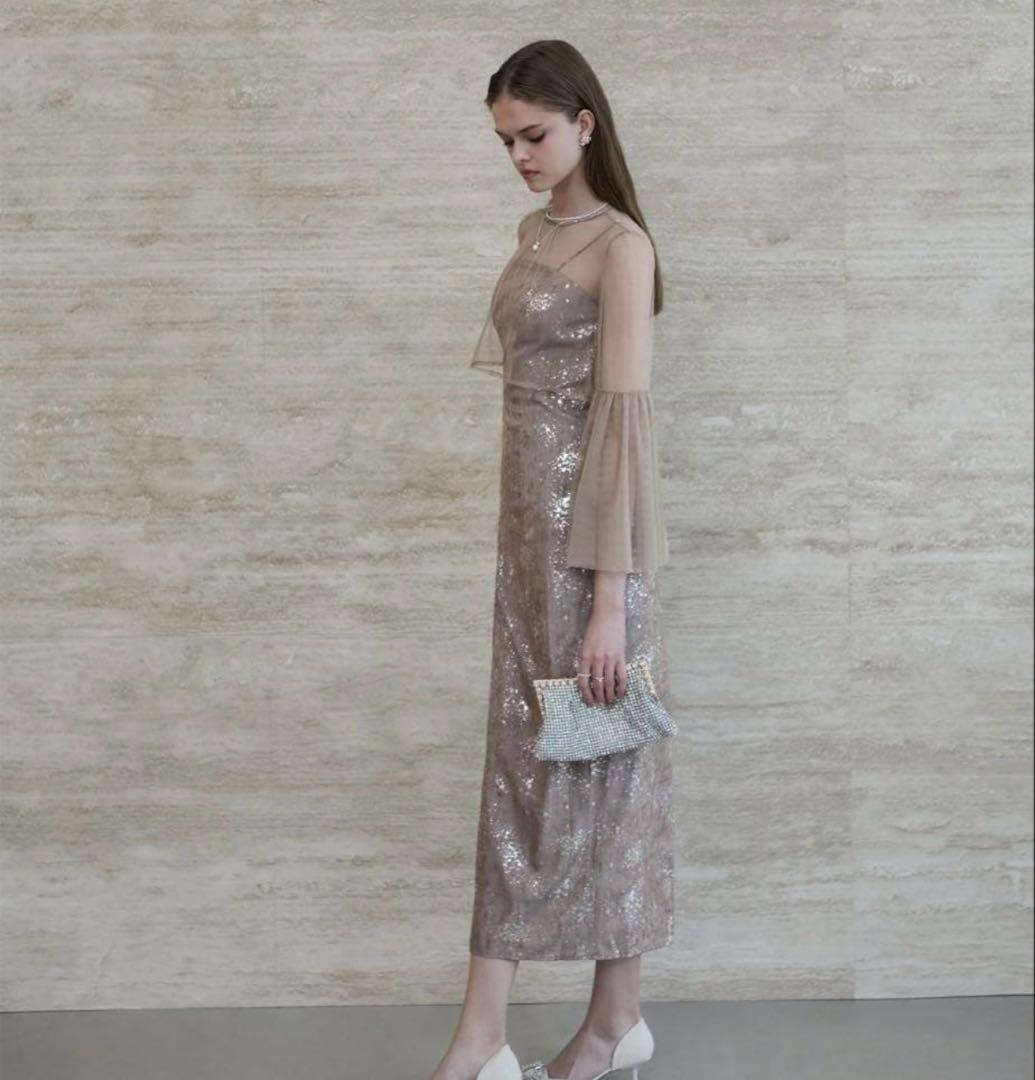 【タグ付き・Leja】シアーチュールベルスリーブペイントIラインワンピースドレス