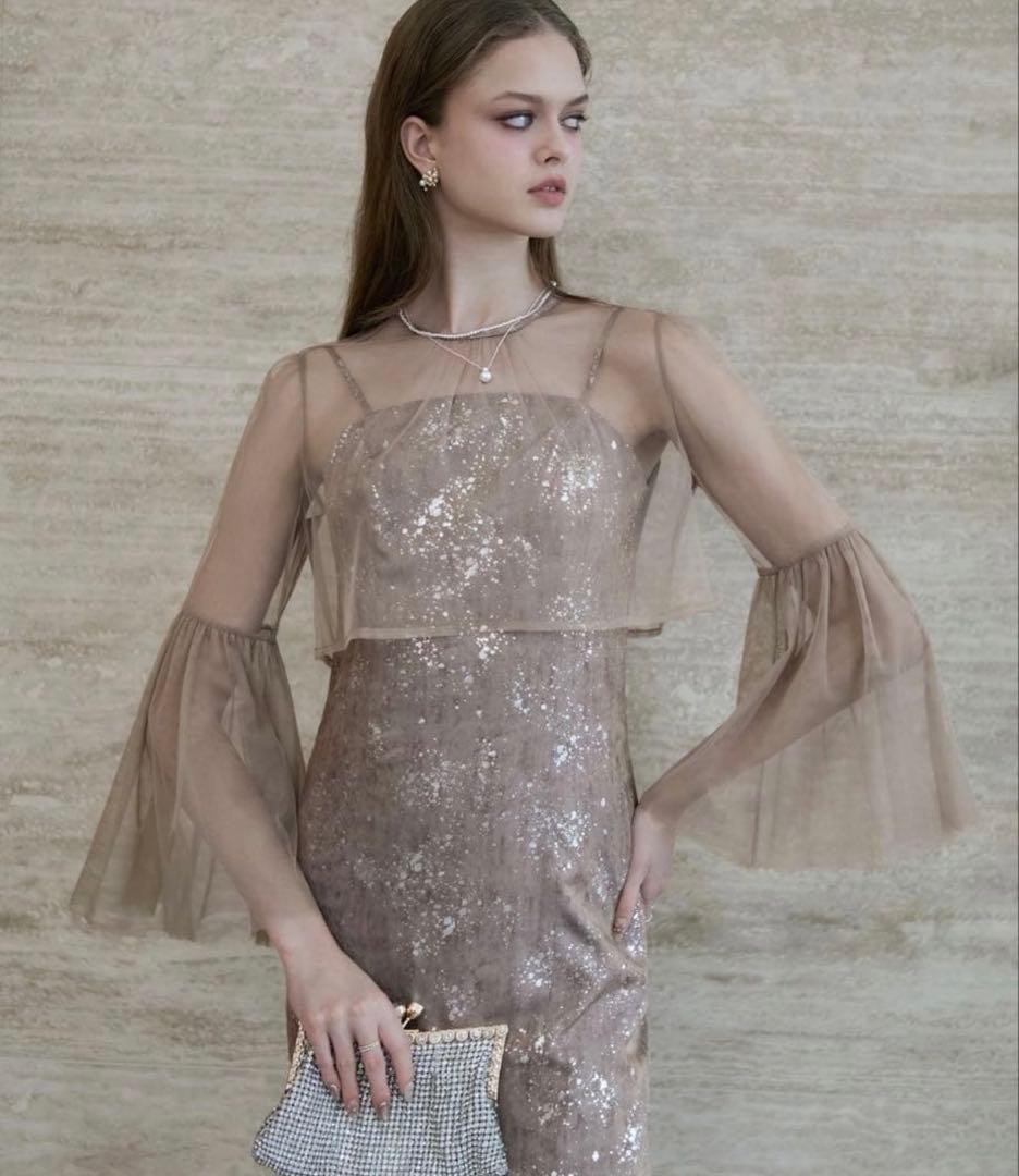 【タグ付き・Leja】シアーチュールベルスリーブペイントIラインワンピースドレス