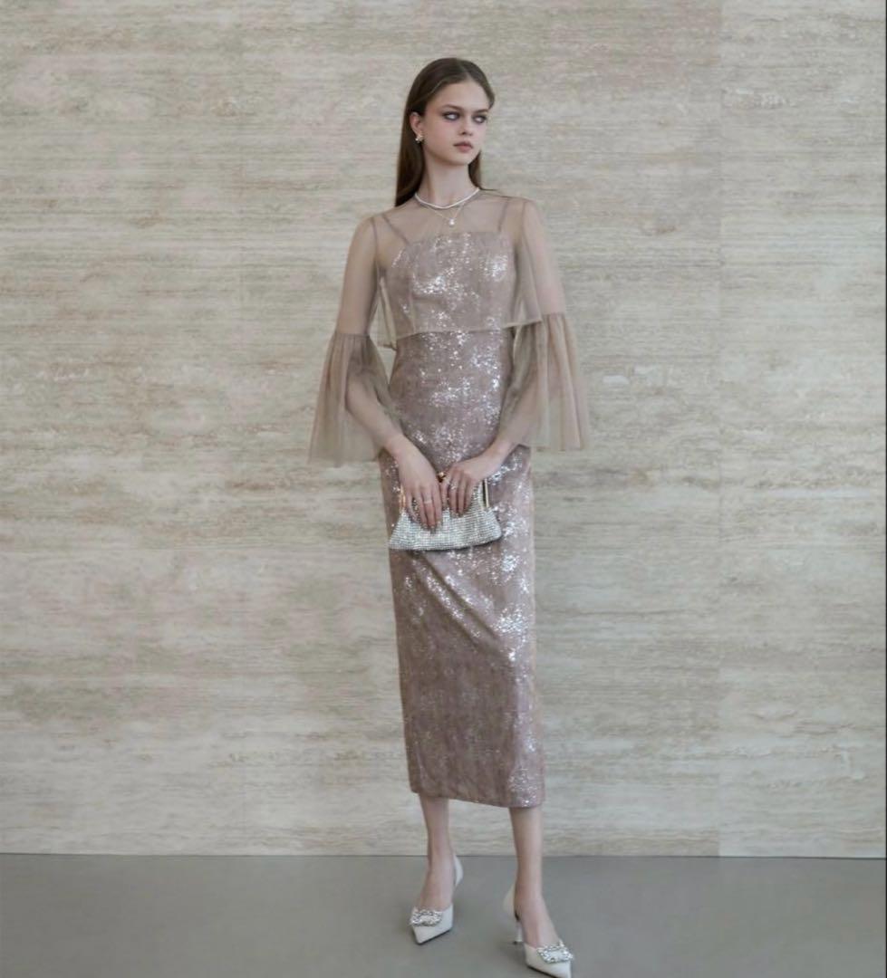 【タグ付き・Leja】シアーチュールベルスリーブペイントIラインワンピースドレス