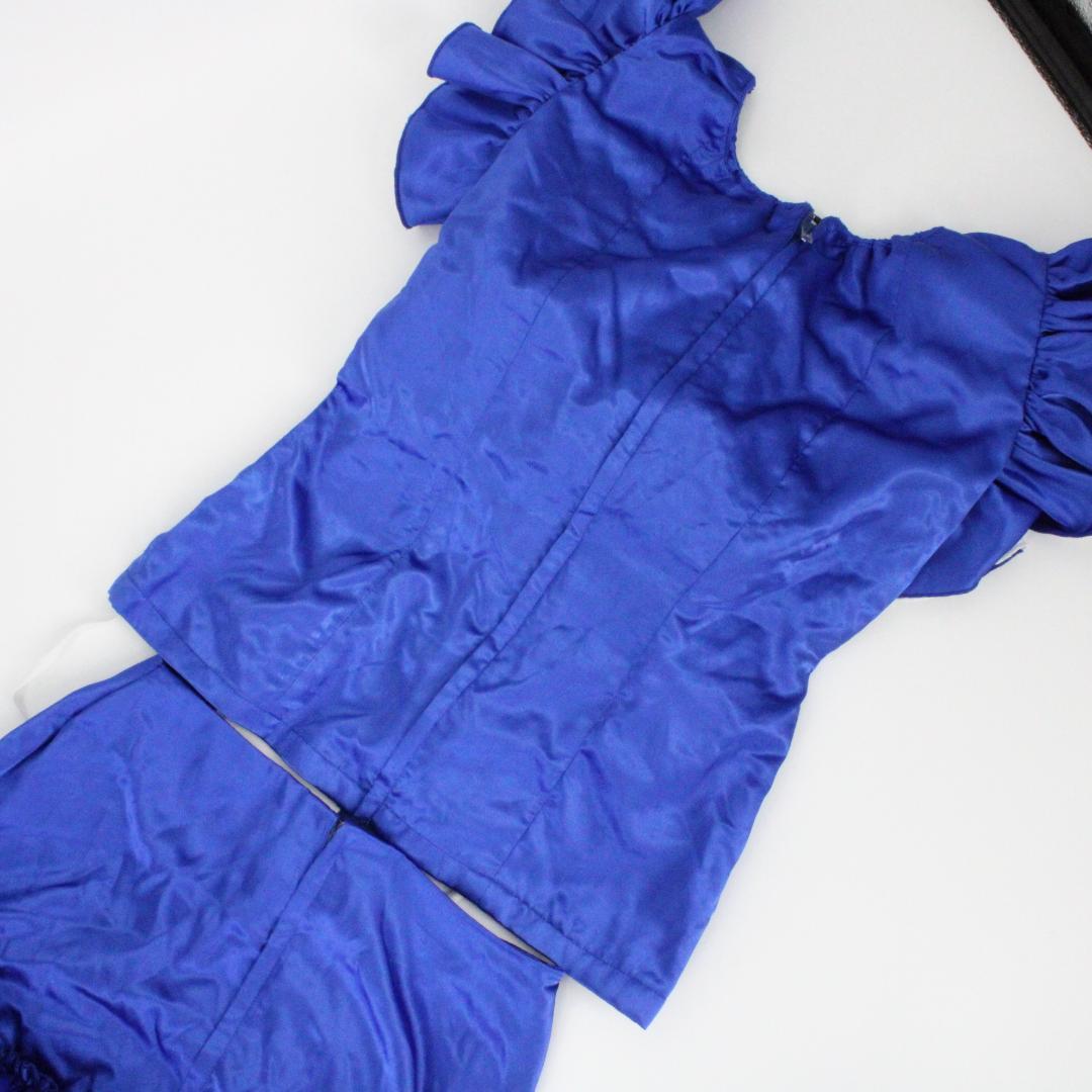 【フラメンコ衣装 ツーピースセット】光沢ブルー×光沢ホワイト　ブラウス ファルダ