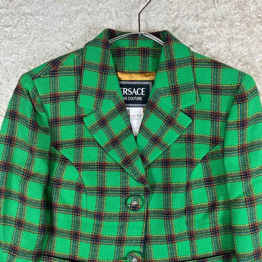 美品 ヴェルサーチ 短丈 メデューサボタン チェック柄 テーラードジャケット