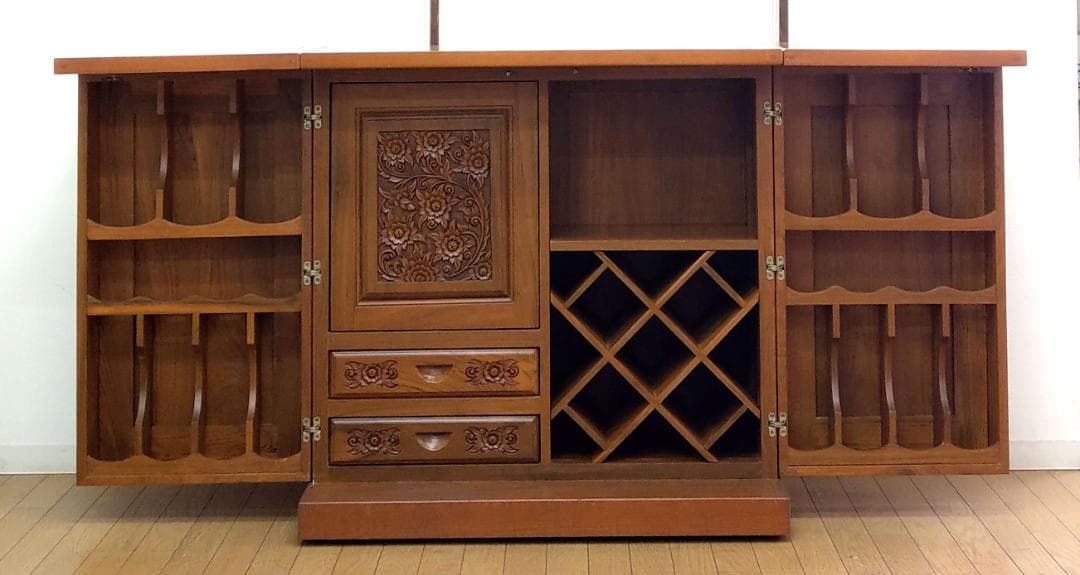 木製 アンティーク チーク材 バーカウンター キッチンカウンター ワインラック